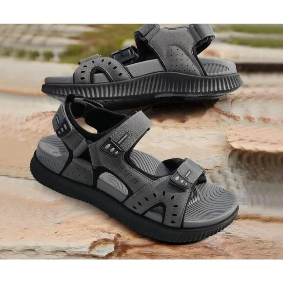 Casual Hiking Sandals Men's Gray Athletic Cushioned Walking Fisherman Shoes - Picture 2 of 9